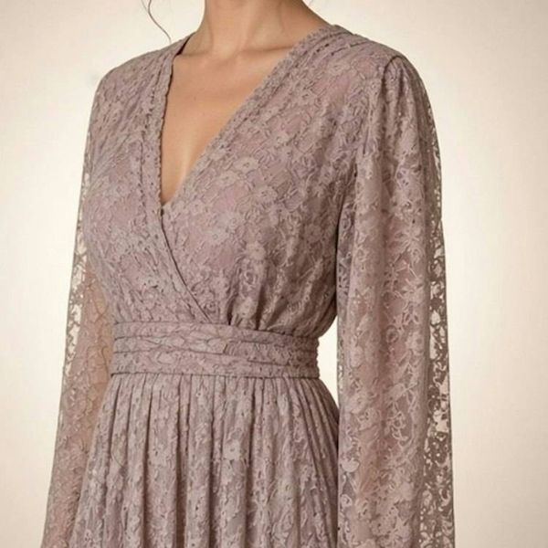 Alternate image for Handcrafted Mauve Lace Wrap Dress with Asymmetric Hem