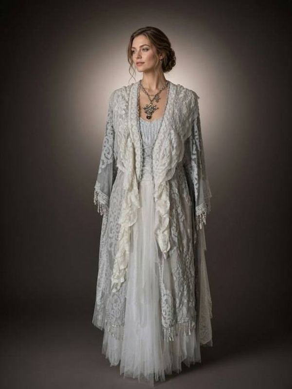 Alternate image for Ethereal Ivory and grey lace dress and robe set with embellished fringe detail