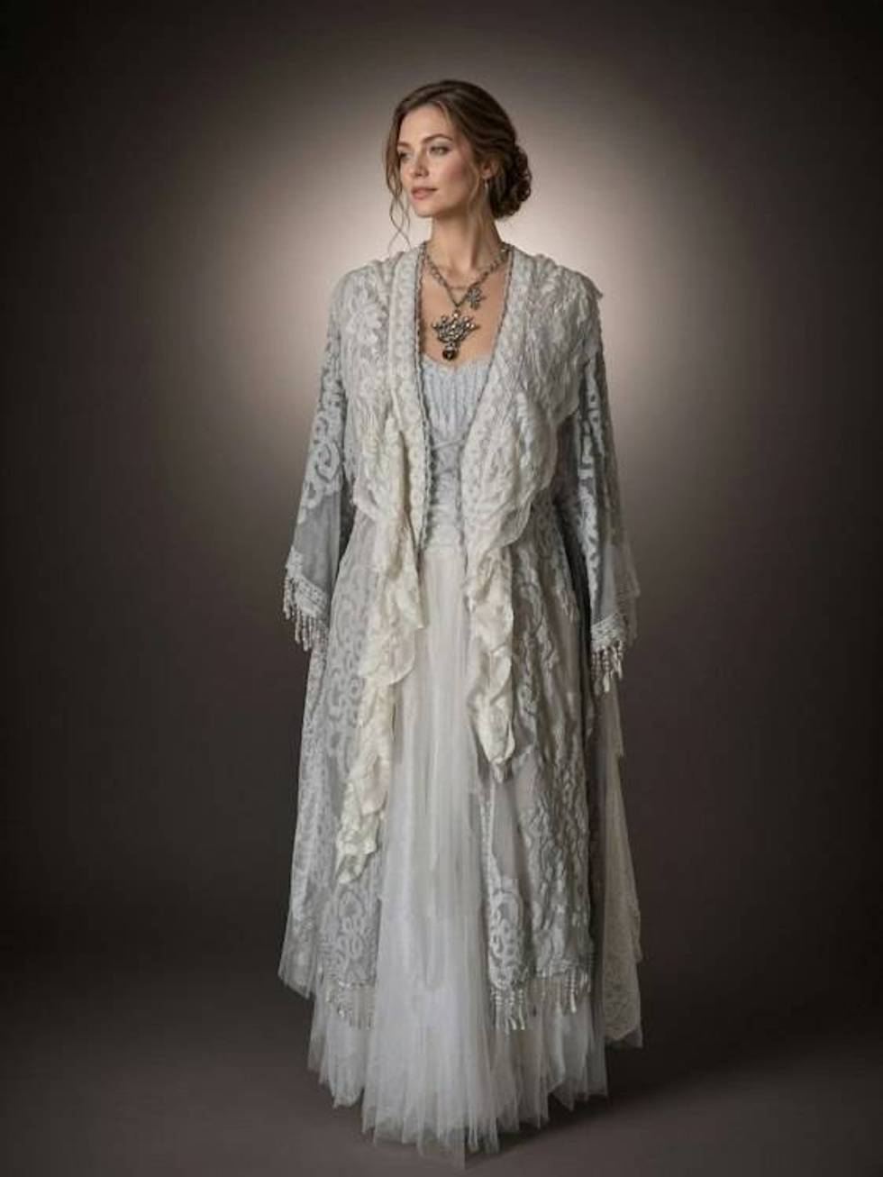 Ethereal Ivory and grey lace dress and robe set with embellished fringe detail