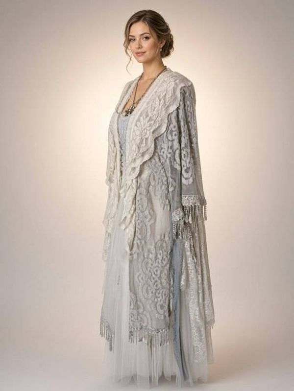 Alternate image for Ethereal Ivory and grey lace dress and robe set with embellished fringe detail