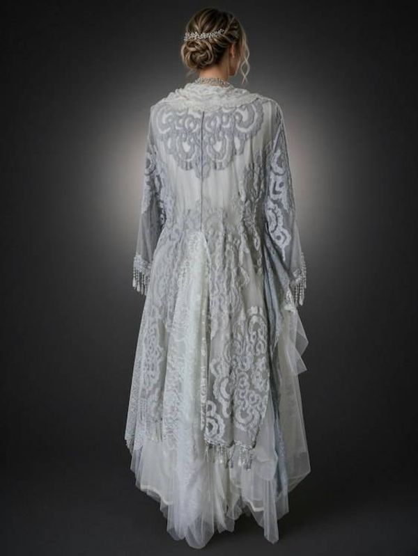 Alternate image for Ethereal Ivory and grey lace dress and robe set with embellished fringe detail