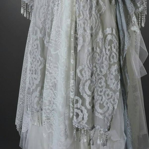 Alternate image for Ethereal Ivory and grey lace dress and robe set with embellished fringe detail