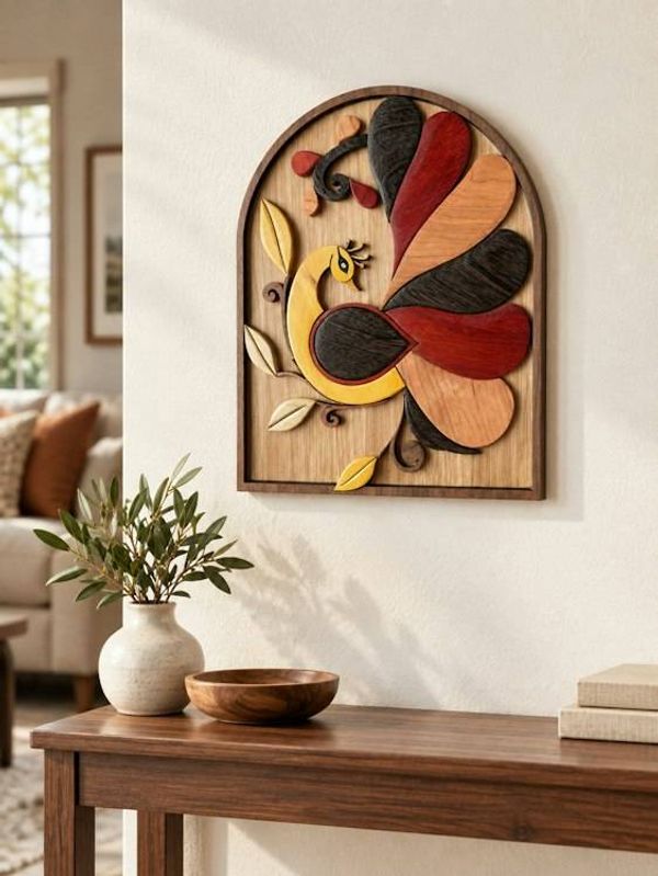 Alternate image for Handmade Wooden Peacock Wall Art, Intarsia Bird Decor, Unique Gift for Bird Lover