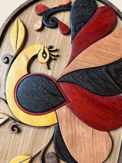 Alternate image for Handmade Wooden Peacock Wall Art, Intarsia Bird Decor, Unique Gift for Bird Lover