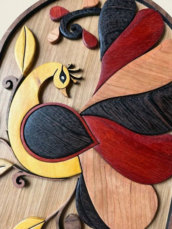 Alternate image for Handmade Wooden Peacock Wall Art, Intarsia Bird Decor, Unique Gift for Bird Lover