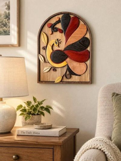 Alternate image for Handmade Wooden Peacock Wall Art, Intarsia Bird Decor, Unique Gift for Bird Lover