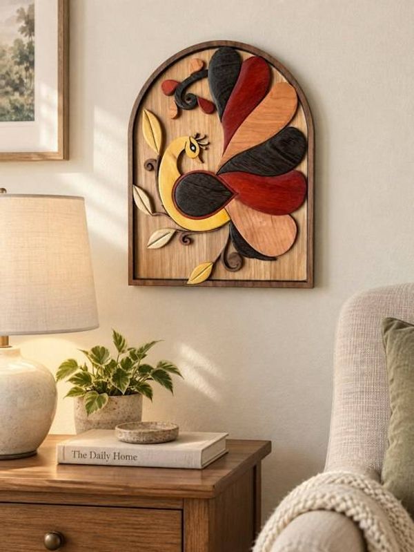 Alternate image for Handmade Wooden Peacock Wall Art, Intarsia Bird Decor, Unique Gift for Bird Lover