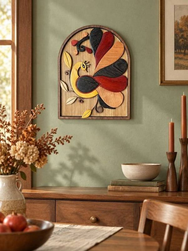Alternate image for Handmade Wooden Peacock Wall Art, Intarsia Bird Decor, Unique Gift for Bird Lover