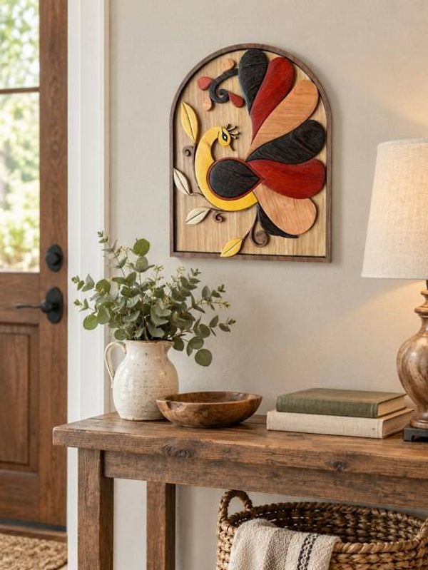 Alternate image for Handmade Wooden Peacock Wall Art, Intarsia Bird Decor, Unique Gift for Bird Lover