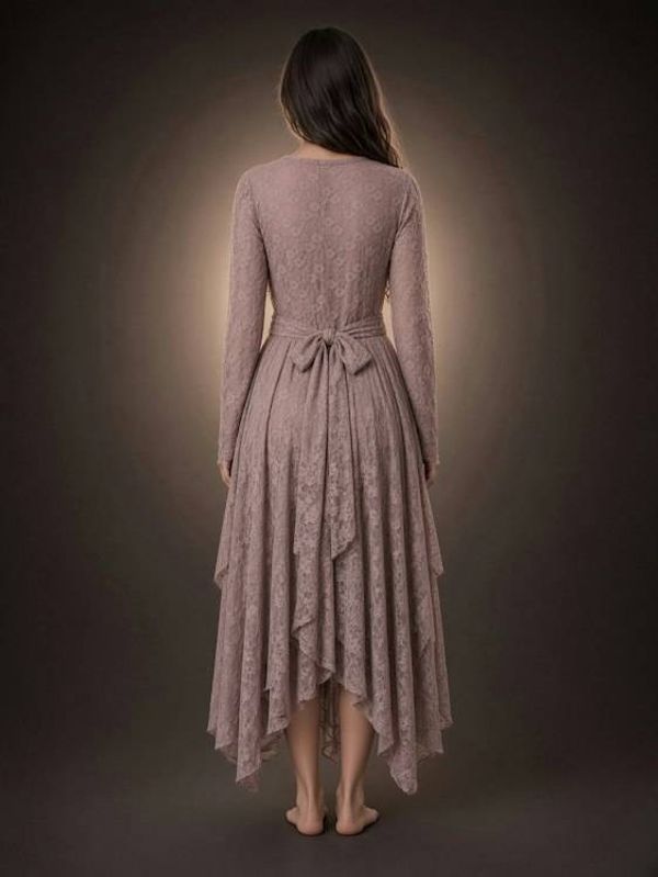 Alternate image for Handcrafted Mauve Lace Wrap Dress with Asymmetric Hem
