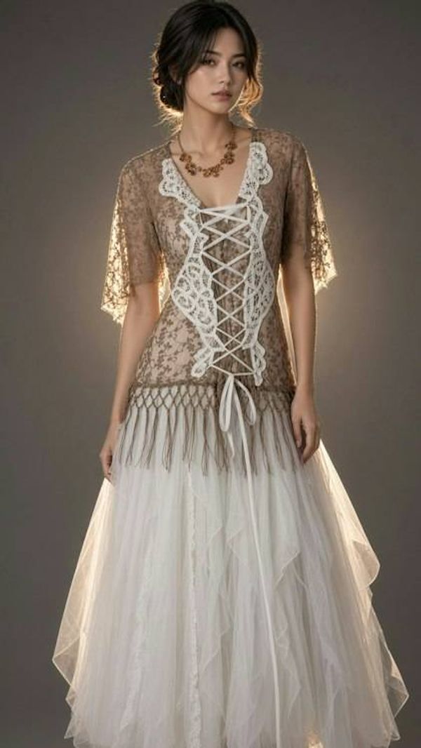 Alternate image for Artisan ethereal brown and white lace-up corset bodice with flowing tulle skirt ensemble