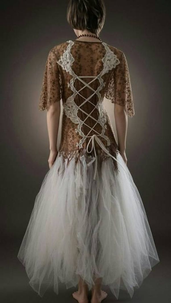 Alternate image for Artisan ethereal brown and white lace-up corset bodice with flowing tulle skirt ensemble
