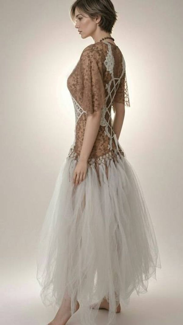 Alternate image for Artisan ethereal brown and white lace-up corset bodice with flowing tulle skirt ensemble