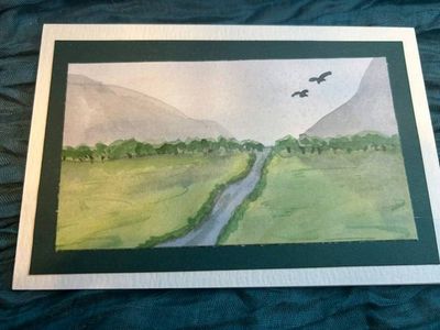 Alternate image for Original Hand Painted Landscape Watercolor Card 4x6 Blank Greeting Country River & Mountain Scene