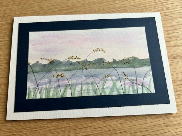 Image for Handmade Watercolor Lake Landscape Greeting Card - Original Sunset Painting