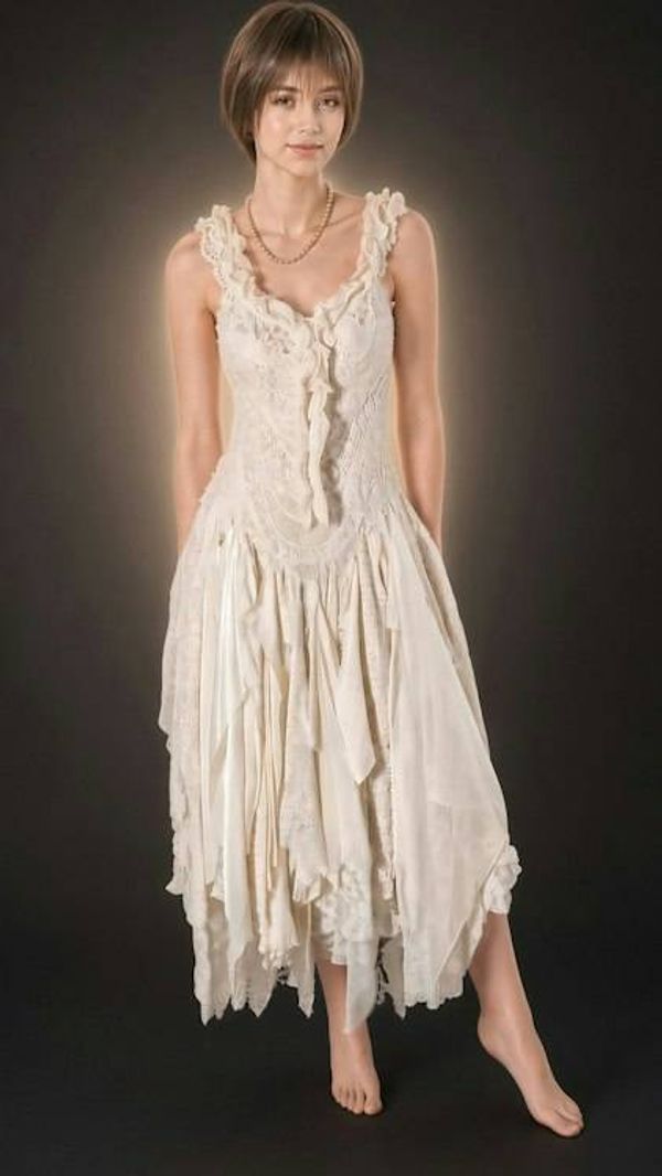 Alternate image for Handcrafted vintage-Inspired ivory Lace asymmetrical dress with dramatic back detail
