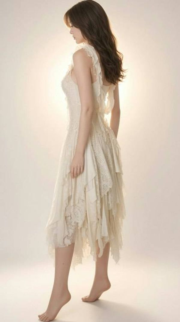 Alternate image for Handcrafted vintage-Inspired ivory Lace asymmetrical dress with dramatic back detail