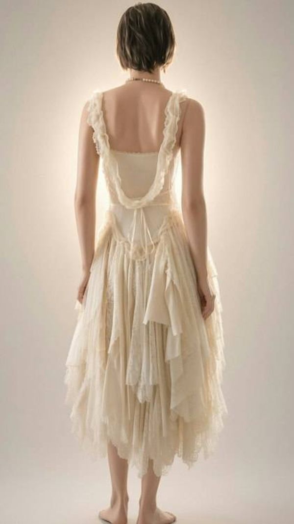 Alternate image for Handcrafted vintage-Inspired ivory Lace asymmetrical dress with dramatic back detail
