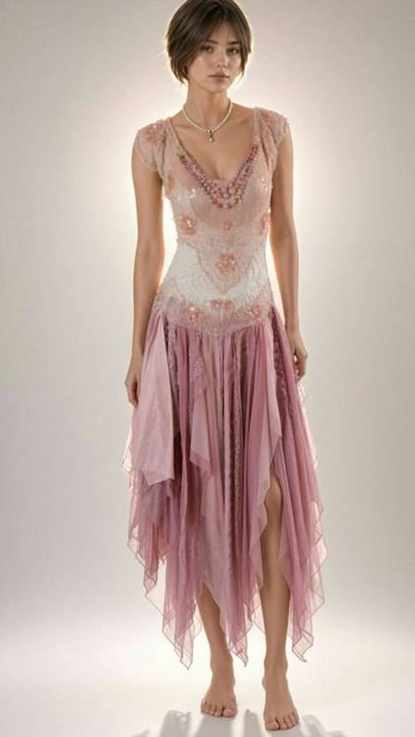 Alternate image for Handcrafted ethereal pink and lavender lace and fairy dress with handkerchief hem