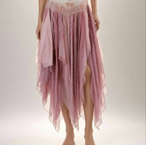 Alternate image for Handcrafted ethereal pink and lavender lace and fairy dress with handkerchief hem