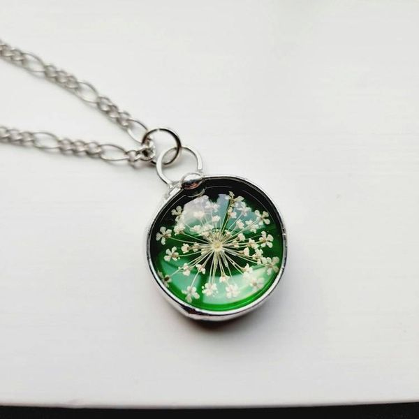Alternate image for Green Stained Glass Pendant, Pressed Flower Necklace, Queen Annes Lace Wildflowers, 13th Anniversary Gift