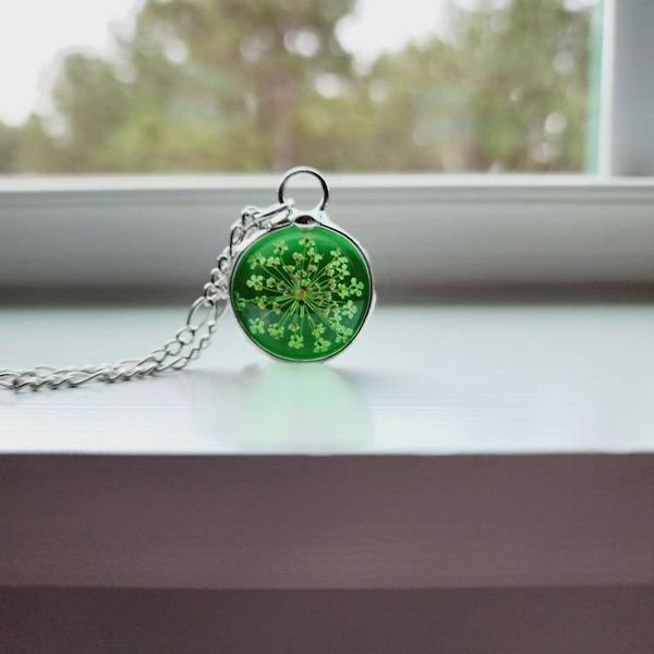 Alternate image for Green Stained Glass Pendant, Pressed Flower Necklace, Queen Annes Lace Wildflowers, 13th Anniversary Gift