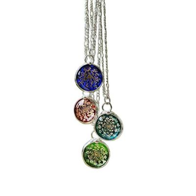 Alternate image for Green Stained Glass Pendant, Pressed Flower Necklace, Queen Annes Lace Wildflowers, 13th Anniversary Gift