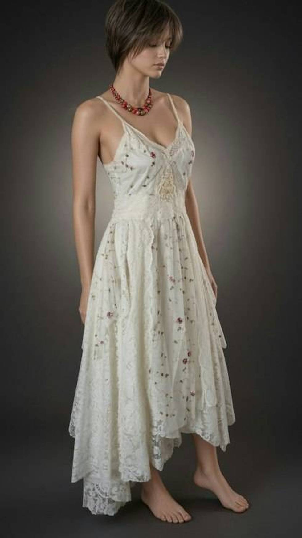 Delicate Ivory Lace Asymmetric Hem Dress with Floral Embellishments