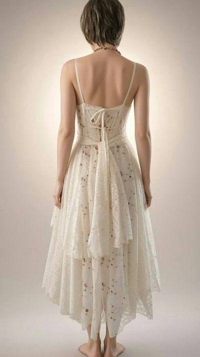 Alternate image for Delicate Ivory Lace Asymmetric Hem Dress with Floral Embellishments