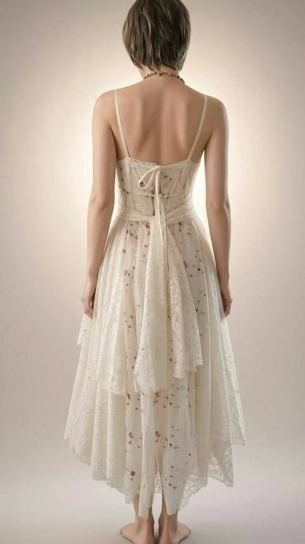 Alternate image for Delicate Ivory Lace Asymmetric Hem Dress with Floral Embellishments
