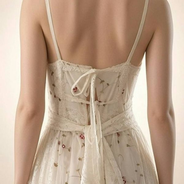 Alternate image for Delicate Ivory Lace Asymmetric Hem Dress with Floral Embellishments