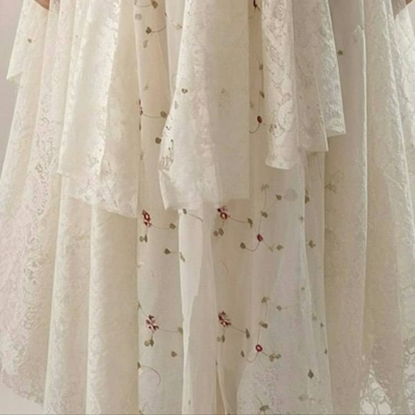 Alternate image for Delicate Ivory Lace Asymmetric Hem Dress with Floral Embellishments
