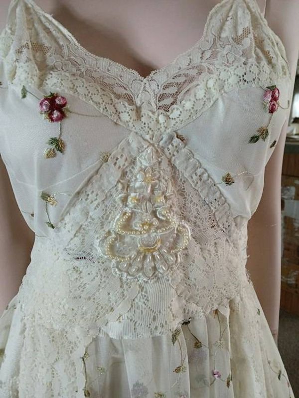 Alternate image for Delicate Ivory Lace Asymmetric Hem Dress with Floral Embellishments