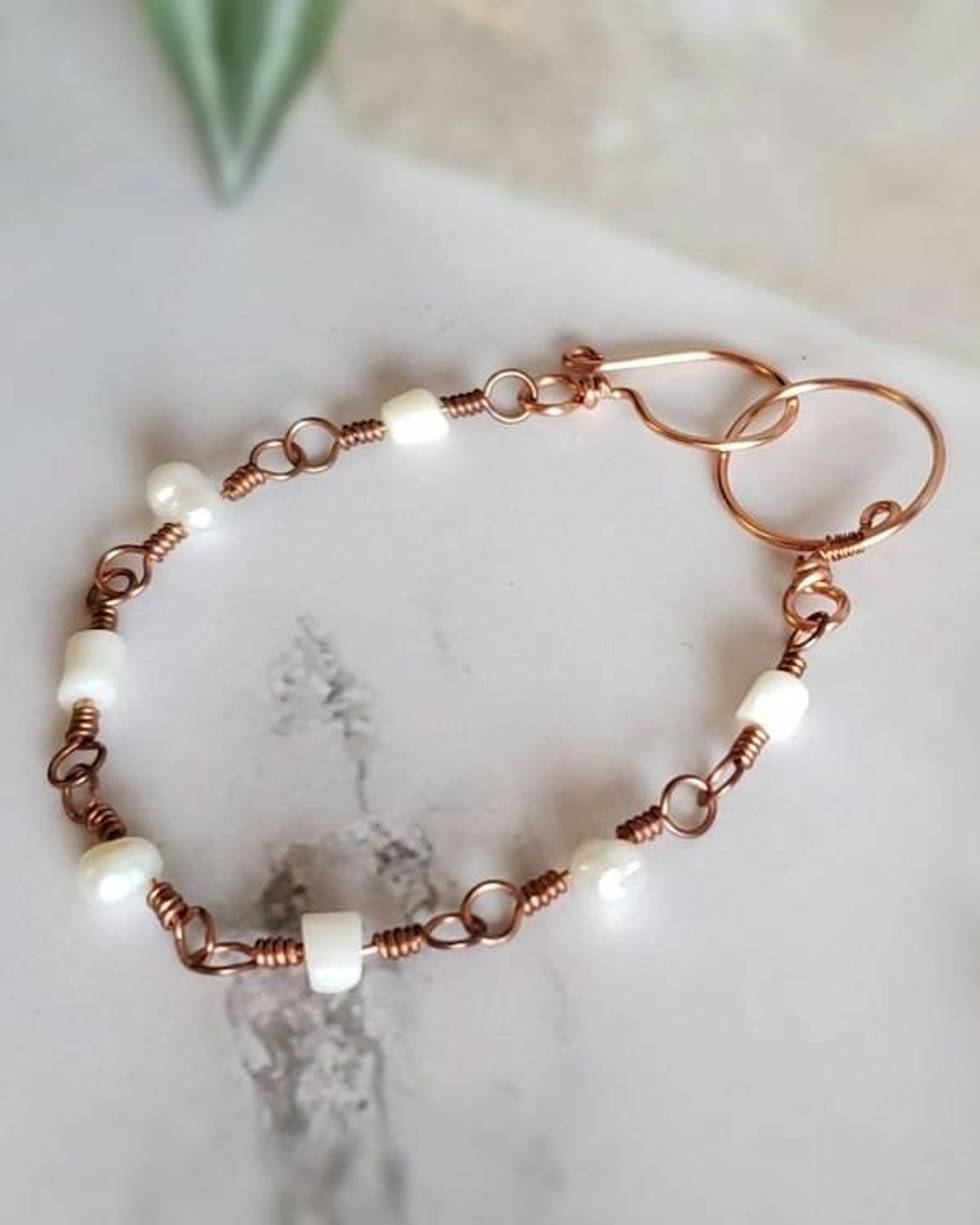 Coral and Pearl Copper Bracelet