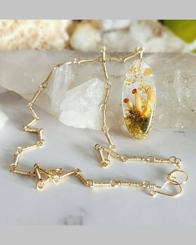 Alternate image for Moss, Gold Leaf and Real Mushroom Gold-Toned Sterling Silver Necklace