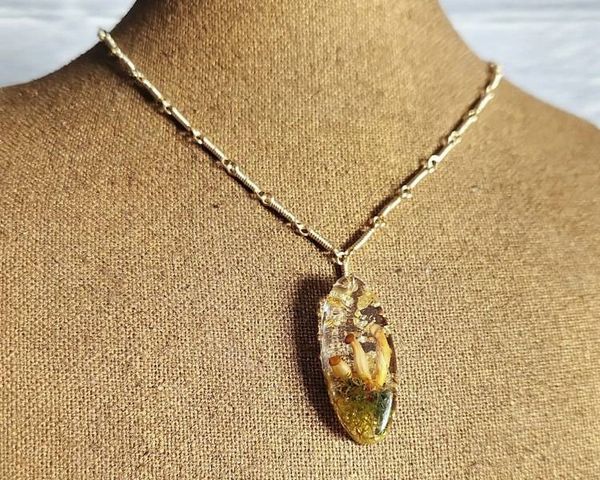 Alternate image for Moss, Gold Leaf and Real Mushroom Gold-Toned Sterling Silver Necklace