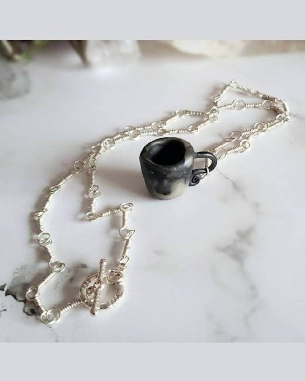 Polymer Clay Teacup Sterling Silver Necklace