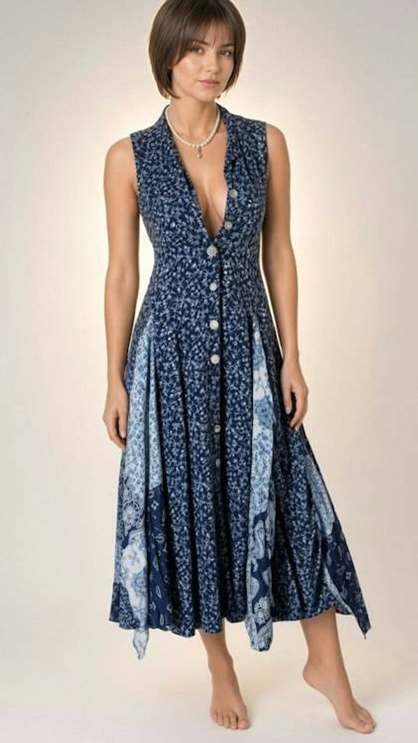 Alternate image for Navy Blue Bandana Print Sleeveless Handkerchief Hem Maxi Dress