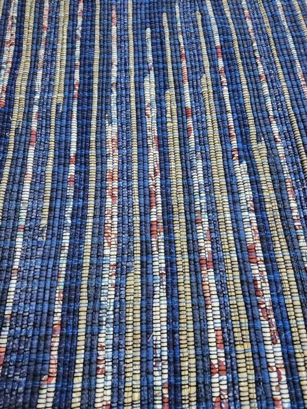 Alternate image for Navy Blue Rag Rug with Tan and Floral highlights.  49 x 36 inches