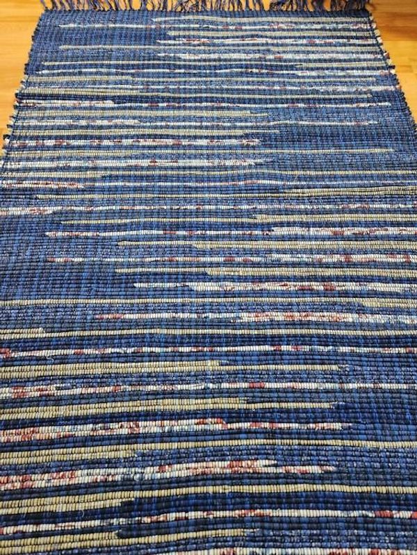 Alternate image for Navy Blue Rag Rug with Tan and Floral highlights.  49 x 36 inches