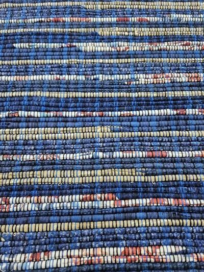 Alternate image for Navy Blue Rag Rug with Tan and Floral highlights.  49 x 36 inches