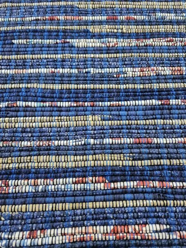 Alternate image for Navy Blue Rag Rug with Tan and Floral highlights.  49 x 36 inches