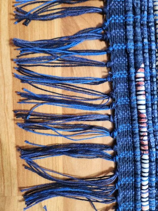 Alternate image for Navy Blue Rag Rug with Tan and Floral highlights.  49 x 36 inches