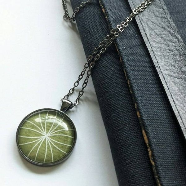 Alternate image for Lime Green Floral Necklace – Cotton Fabric Under Glass