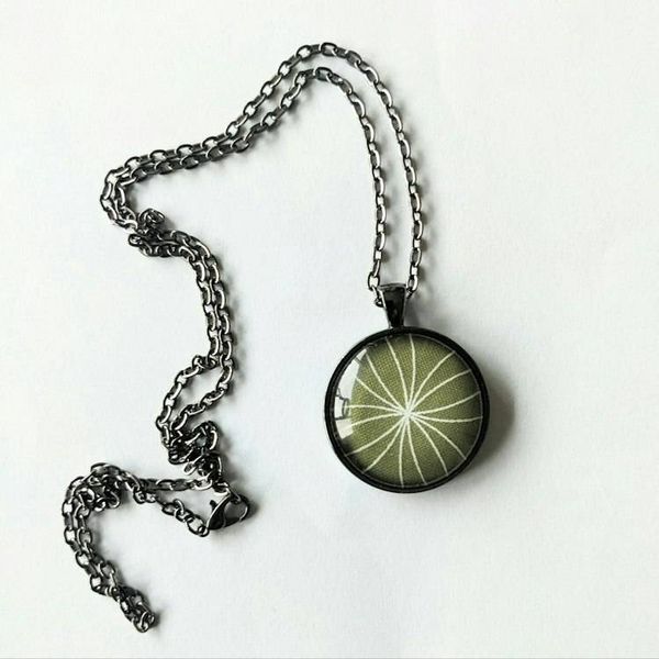 Alternate image for Lime Green Floral Necklace – Cotton Fabric Under Glass