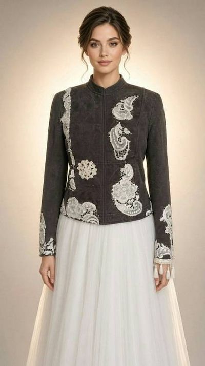 Primary image for Embroidered Charcoal quilted cotton Jacket with Ivory Lace Appliqués