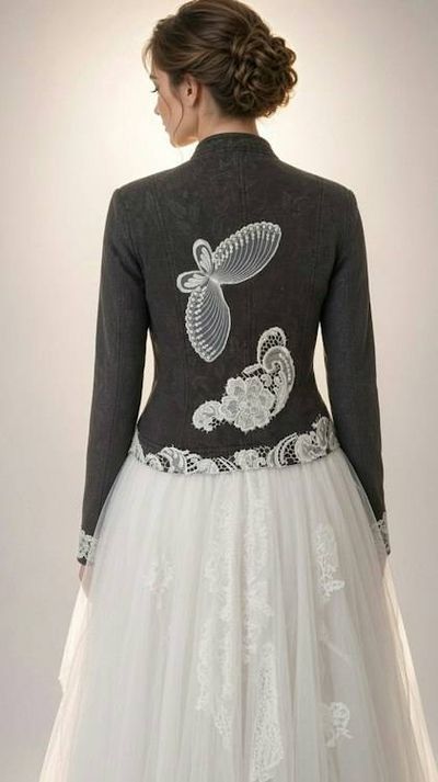 Alternate image for Embroidered Charcoal quilted cotton Jacket with Ivory Lace Appliqués