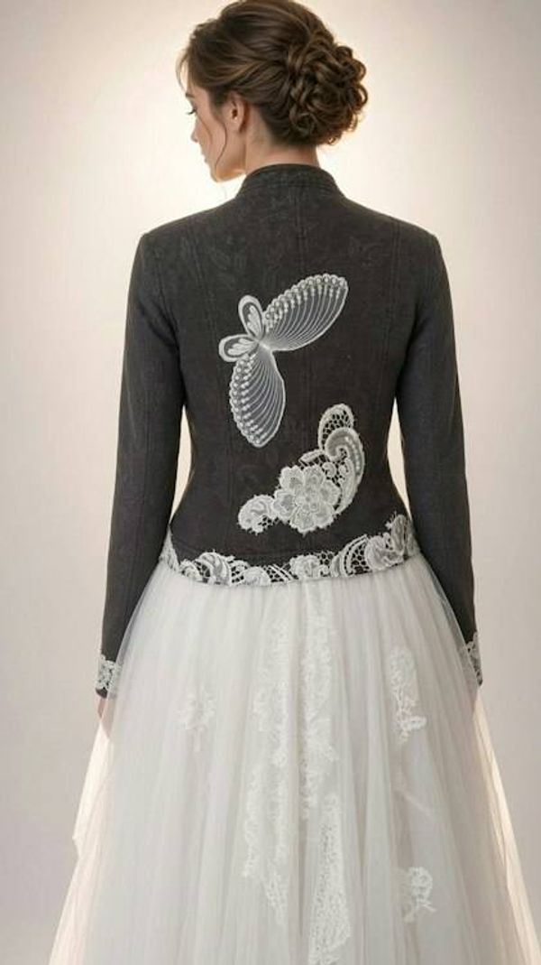 Alternate image for Embroidered Charcoal quilted cotton Jacket with Ivory Lace Appliqués