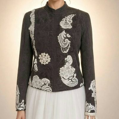 Alternate image for Embroidered Charcoal quilted cotton Jacket with Ivory Lace Appliqués