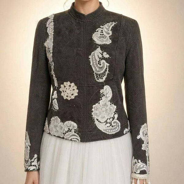 Alternate image for Embroidered Charcoal quilted cotton Jacket with Ivory Lace Appliqués